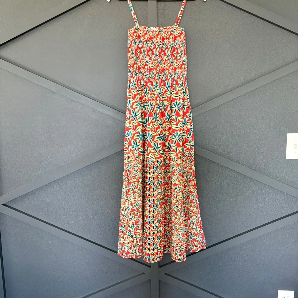 $268 NWOT Solid & Striped Red Kennedy Floral Smocked Eyelet Cotton Midi Dress S - Picture 3 of 11